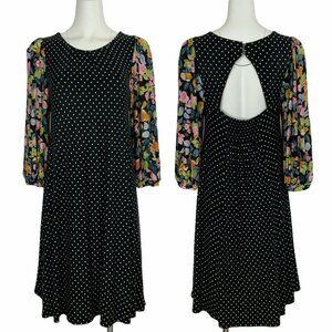 Anthropologie Black Polka Dot Mini Dress with Floral Sleeves